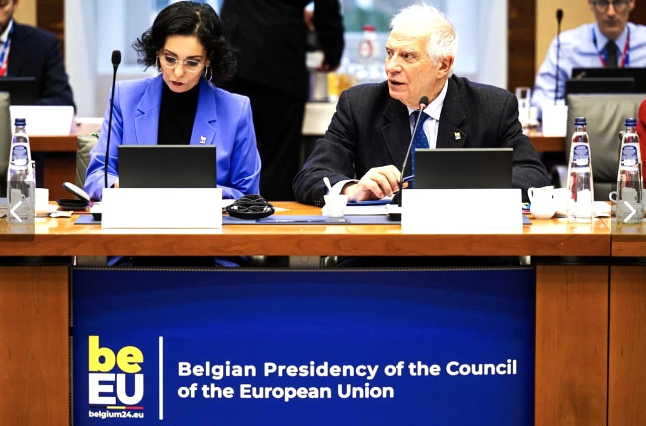 Pictured are EU foreign policy chief Josep Borrell , Belgian foreign affairs minister Hadja Lahbib. 